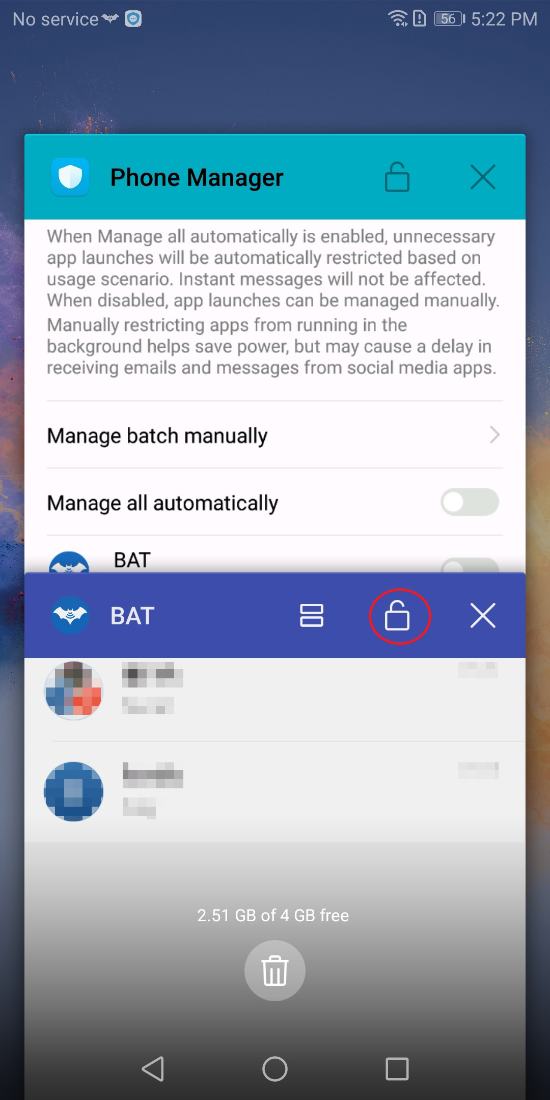 Click Multi-task button and locate Bat Messenger App on the Popups